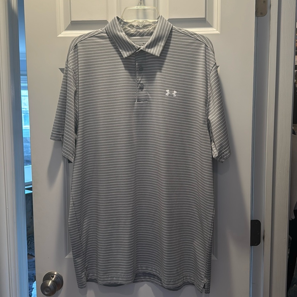 ⛳️ Under Armour Men’s Gray & White Stripped Golf Polo - XL 🏌️‍♂️